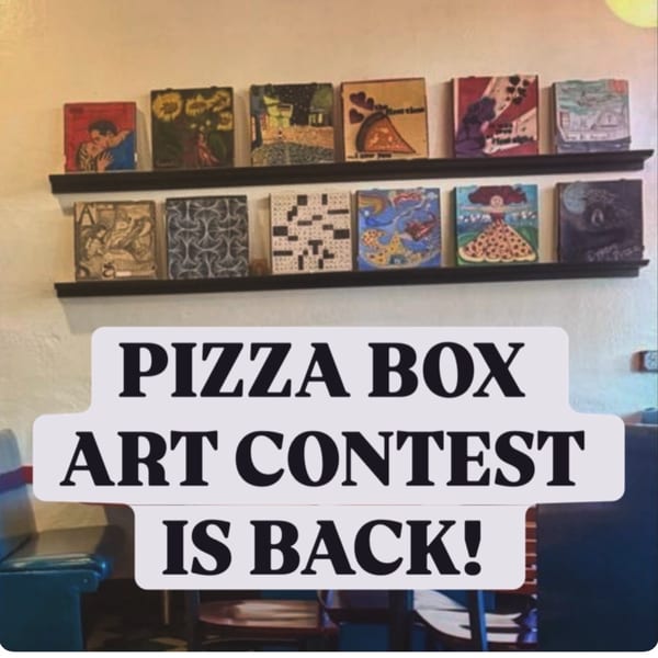 A wall display of colorful pizza box art, with text overlay "PIZZA BOX ART CONTEST IS BACK!"