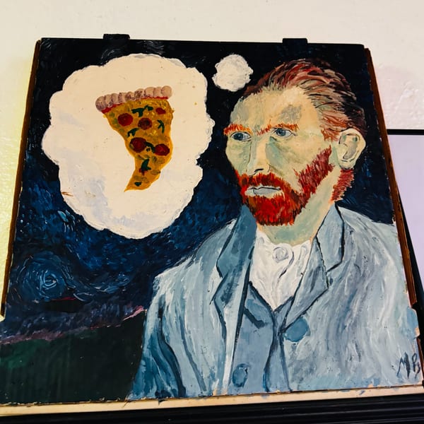 A painting of Van Gogh with a thought bubble containing a slice of pizza.