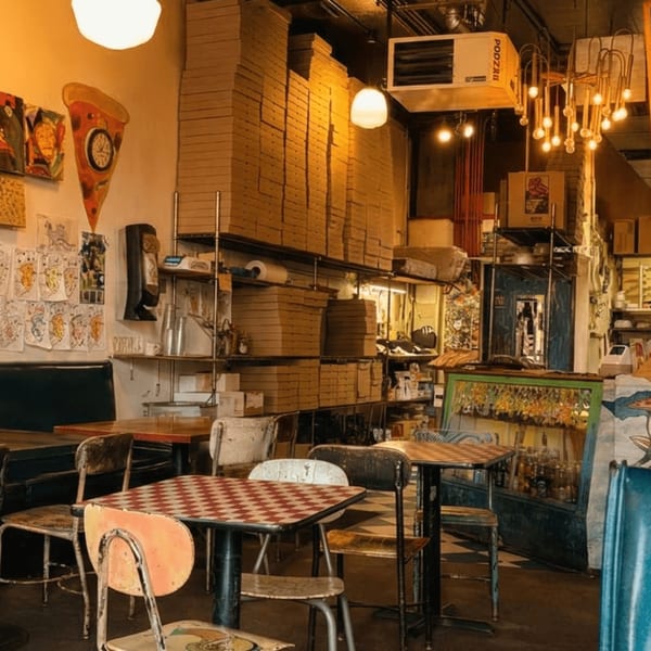 A quirky pizza restaurant interior with checkered tables, mismatched chairs, and stacks of pizza boxes.