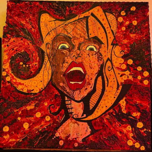 Abstract painting of a screaming face with blue eyes, red lips, and orange hair amidst fiery textures.